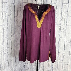 LUCKY‎ BRAND Purple and Gold Embroidered Blouse Large